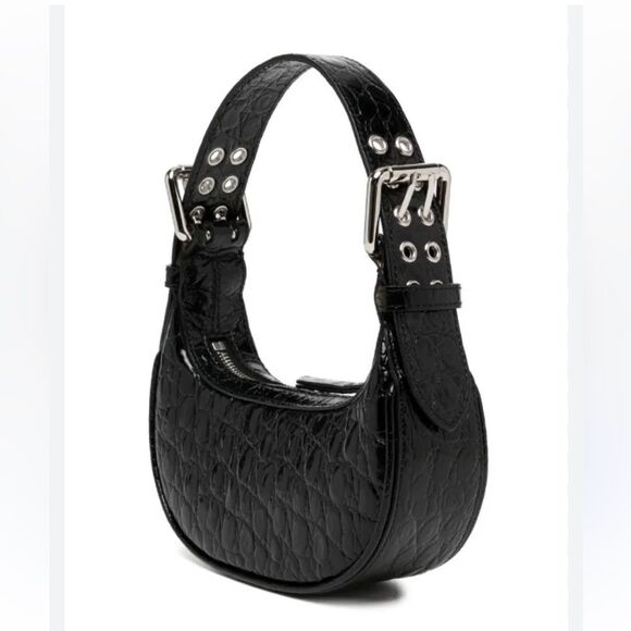 BY FAR Handbags - NEW By Far Soho Circular Mini Shoulder Bag Black crocodile purse silver Y2K $570